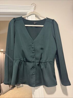 J. Crew Forest Green V-Neck Button Peplum Blouse